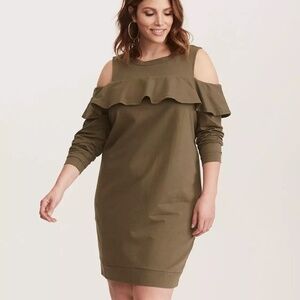 Torrid - Ruffle Cold Shoulder Knit Olive Green Long Sleeve Sweatshirt Dress - 1X